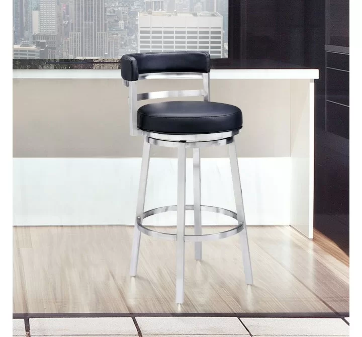 Madrid Contemporary 26" Counter Height Barstool in Brushed Stainless Steel Finish and Black Faux Leather