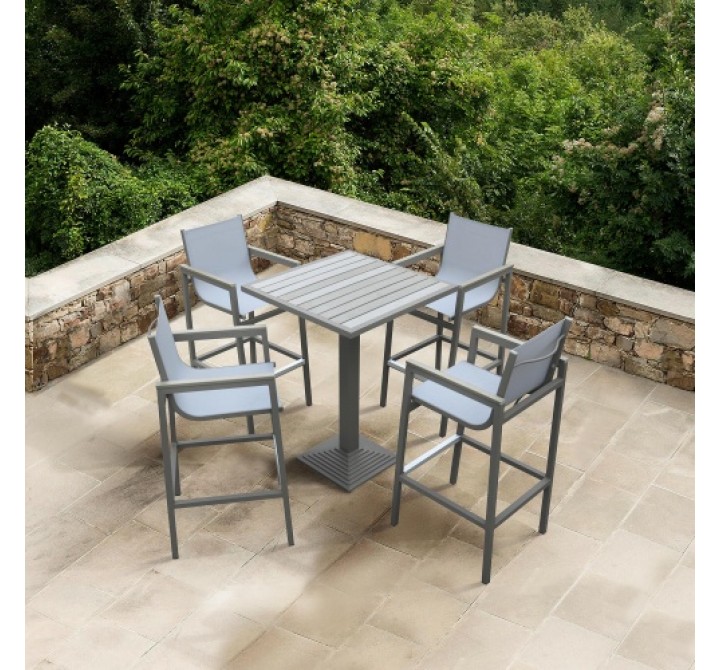 Armen Living Marina Outdoor Patio Barstool In Grey Powder Coated Finish With Grey Sling Textilene And Grey Wood Accent Arms