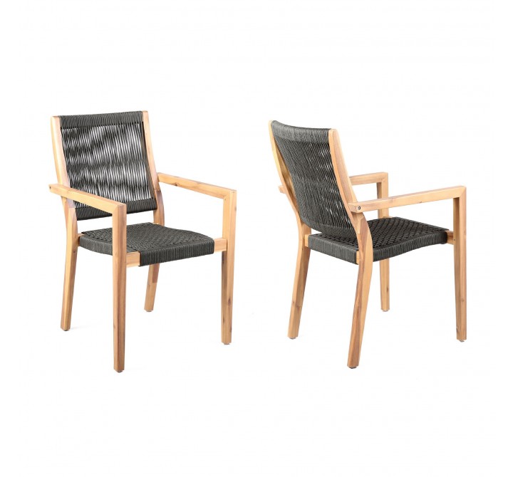 Madsen Outdoor Patio Charcoal Rope Arm Chair in Natural Acacia - Set of 2