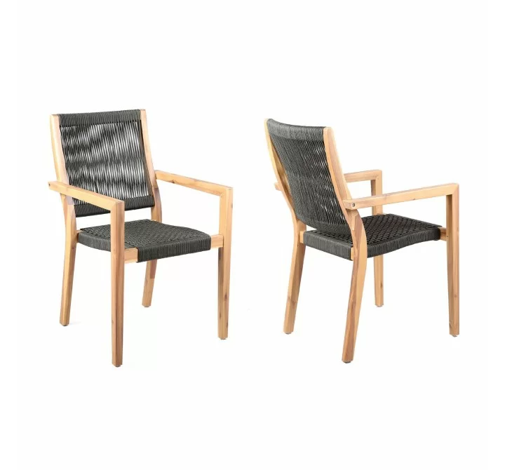 Madsen Outdoor Patio Charcoal Rope Arm Chair in Natural Acacia - Set of 2