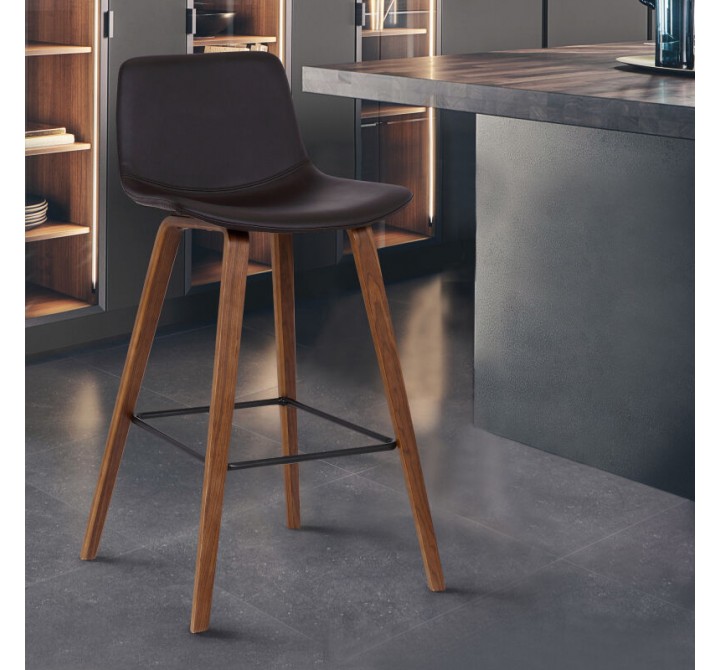 Armen Living Maddie Contemporary Barstool in Walnut Wood Finish and Brown Faux Leather