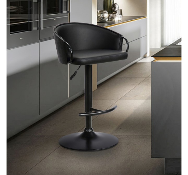 Armen Living Montego Adjustable Black Faux Leather Swivel Barstool In Black Powder Coated Finish