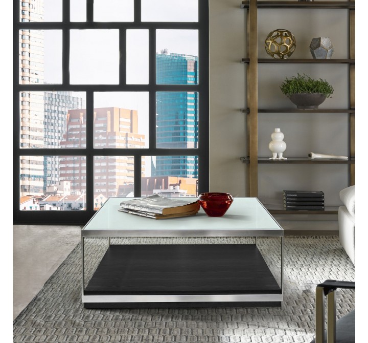 Manchester Contemporary Coffee Table with Polished Stainless Steel and Glass Top - Lifestyle