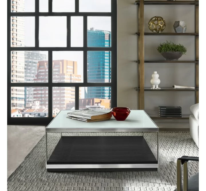 Manchester Contemporary Coffee Table with Polished Stainless Steel and Glass Top - Lifestyle