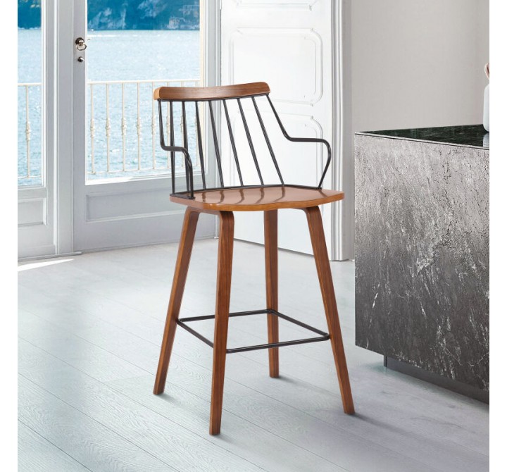 Armen Living Micah Walnut And Metal Modern 26" Counter Height Bar Stool In Black Powder Coated Footrest/Back