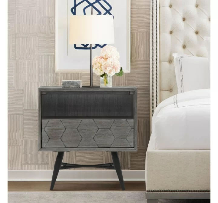 Armen Living Makena 1 Drawer Night Stand in Grey Acacia Wood in Gray