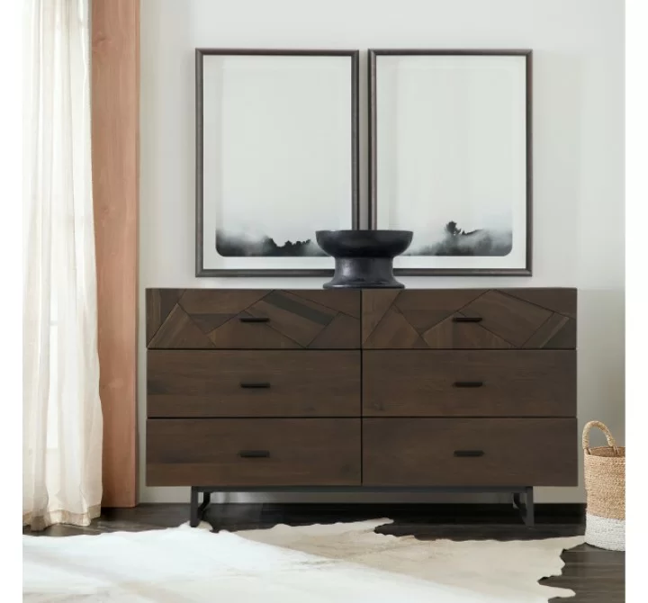 Armen Living Marquis 6 Drawer Oak Wood Dresser with Black Metal Legs