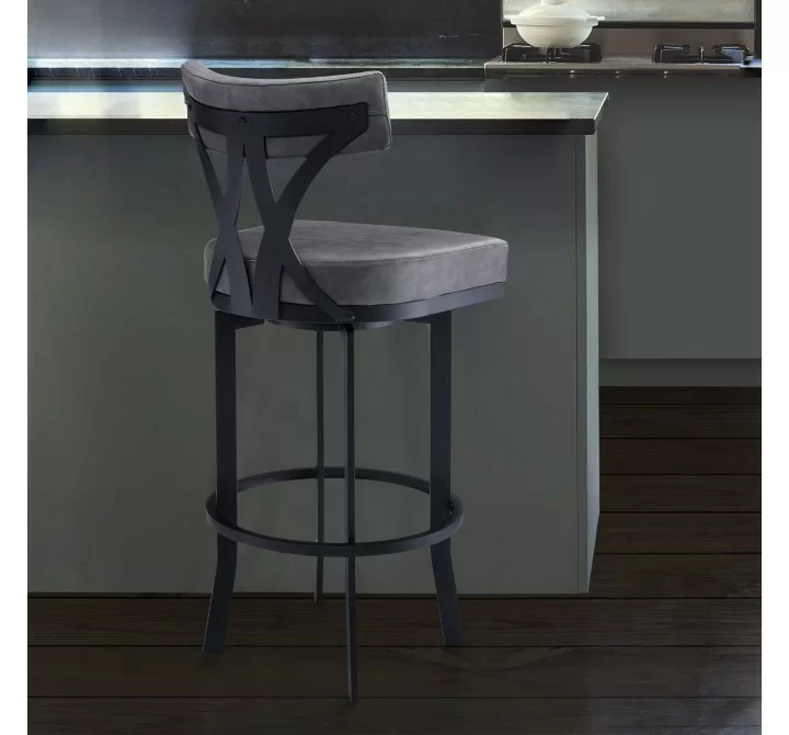 Natalie Contemporary 26" Counter Height Barstool in Black Powder Coated Finish and Vintage Grey Faux Leather