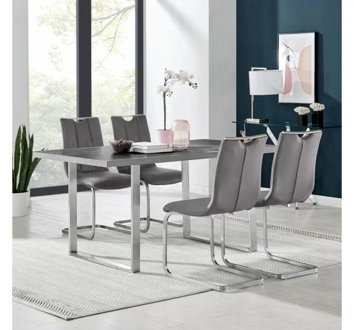 Armen Living Pacific Dining Room Accent Chair In Gray Fabric And Brushed Stainless Steel Finish - Set of 2