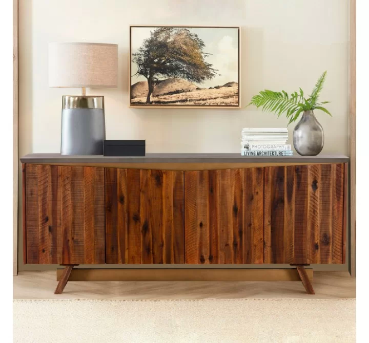 Armen Living Picadilly 4 Door Sideboard Buffet in Acacia Wood and Concrete