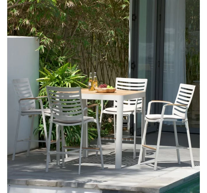 Armen Living Portals Outdoor Square Bar Table In Light Matte Sand With Natural Teak Wood Top In Beige