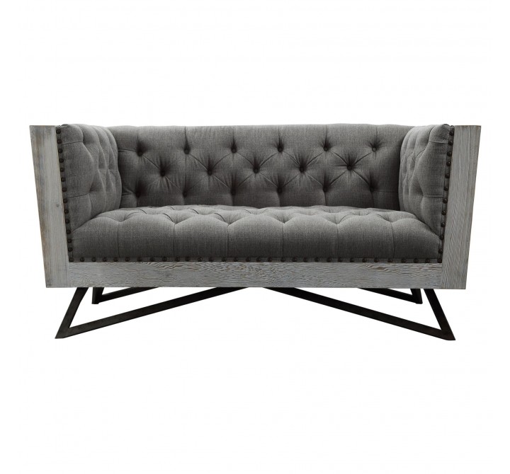 Armen Living Regis Contemporary Loveseat in Grey Fabric with Black Metal Finish Legs and Antique Brown Nailhead Accents