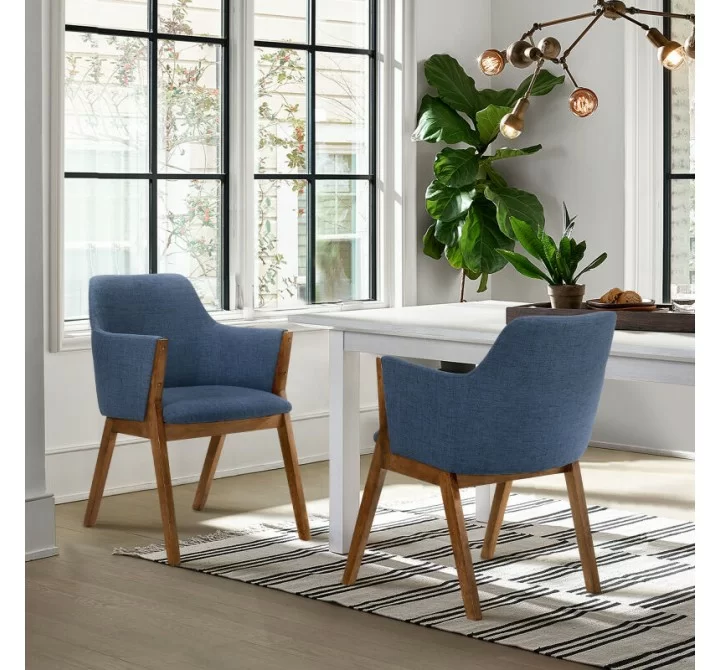 Armen Living Renzo Blue Fabric and Walnut Wood Dining Side Chairs