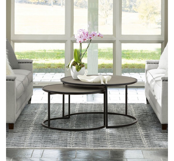 Armen Living Rina Concrete and Black Metal 2 Piece Nesting Coffee Table Set in Natural