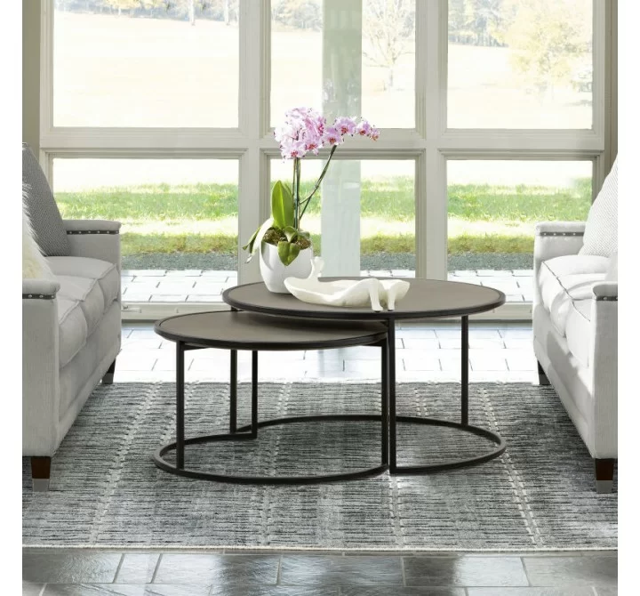 Armen Living Rina Concrete and Black Metal 2 Piece Nesting Coffee Table Set in Natural