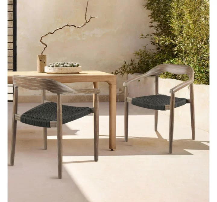 Armen Living Santo Indoor Outdoor Stackable Dining Chair In Eucalyptus Wood With Charcoal Rope 