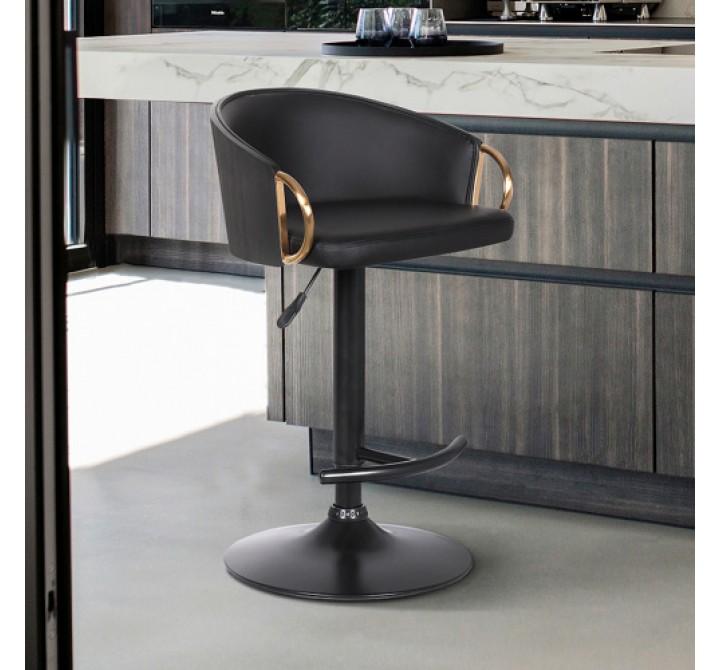 Armen Living Solstice Adjustable Black Faux Leather Swivel Barrstool With Black Powder Coated Finish and Gold Accents