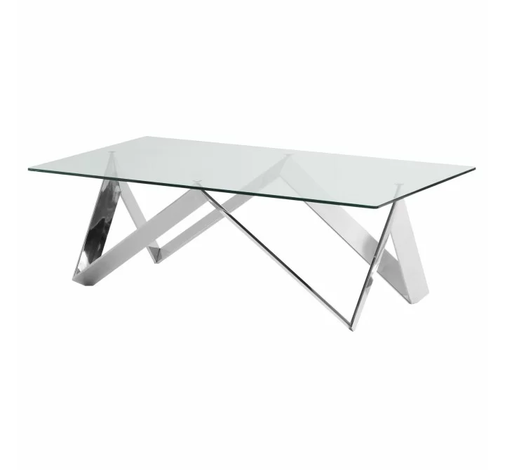 Scarlett Contemporary Rectangular Coffee Table in Polished Steel Finish with Tempered Glass Top 