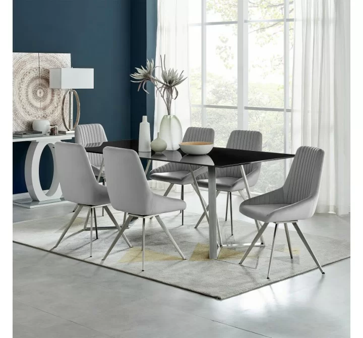 Armen Living Skye Swivel Gray Velvet And Brushed Stainless Steel Dining Room Chairs