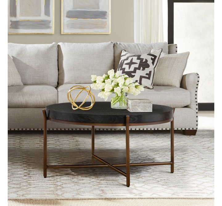 Armen Living Sylvie Brushed Oak and Metal Round Coffee Table
