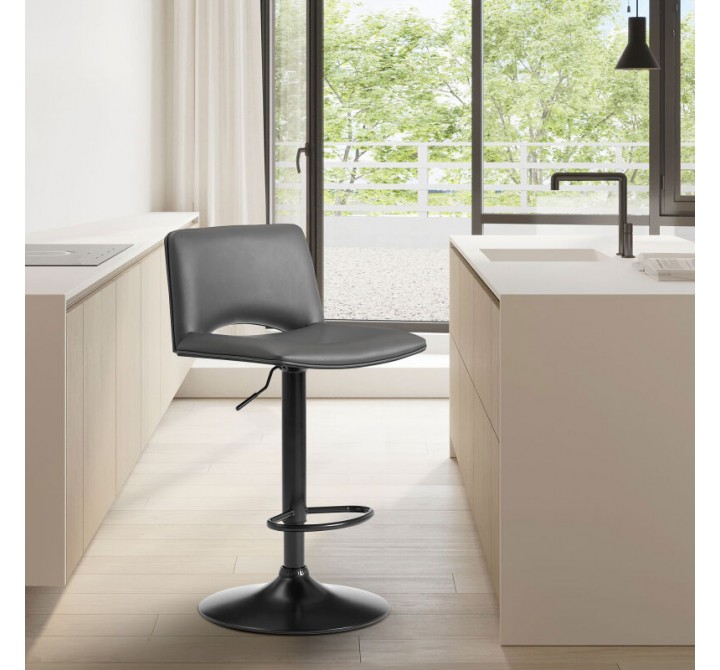 Armen Living Thierry Adjustable Swivel Gray Faux Leather and Black Metal Bar Stool