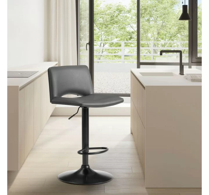 Armen Living Thierry Adjustable Swivel Gray Faux Leather and Black Metal Bar Stool