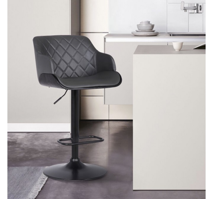 Armen Living Toby Grey Faux Leather Adjustable Height Swivel Black Wood and Metal Bar Stool