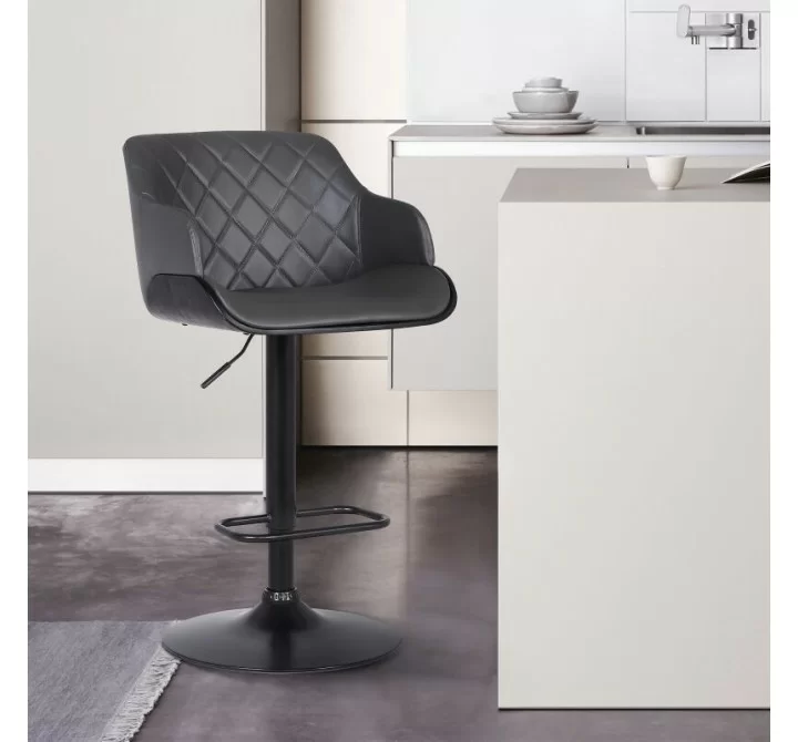 Armen Living Toby Grey Faux Leather Adjustable Height Swivel Black Wood and Metal Bar Stool