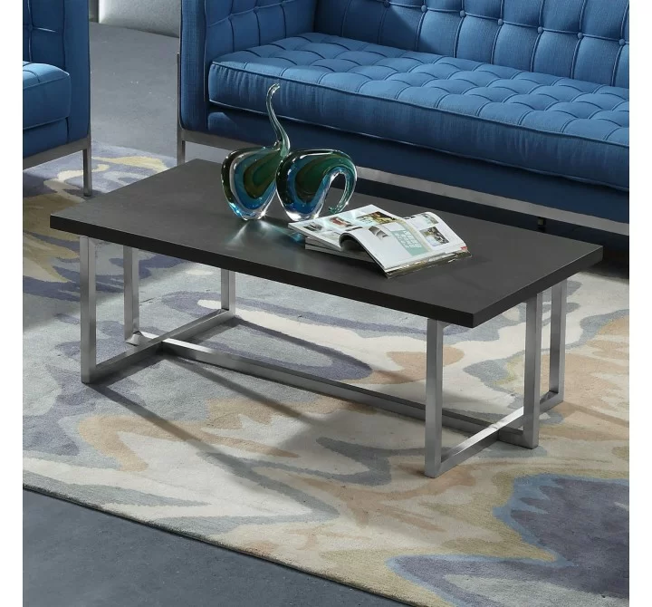 Armen Living Topaz Contemporary Rectangular Coffee Table in Brushed Stainless Steel with Grey Wood Top - Lifestyle