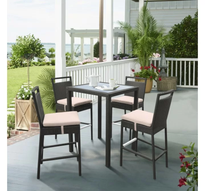 Armen Living Tropez Outdoor Patio Wicker Barstool With Water Resistant Beige Fabric Cushions