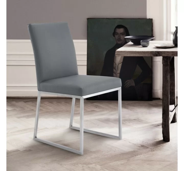 Armen Living Trevor Contemporary Dining Chair In Brushed Stainless Steel And Gray Faux Leather