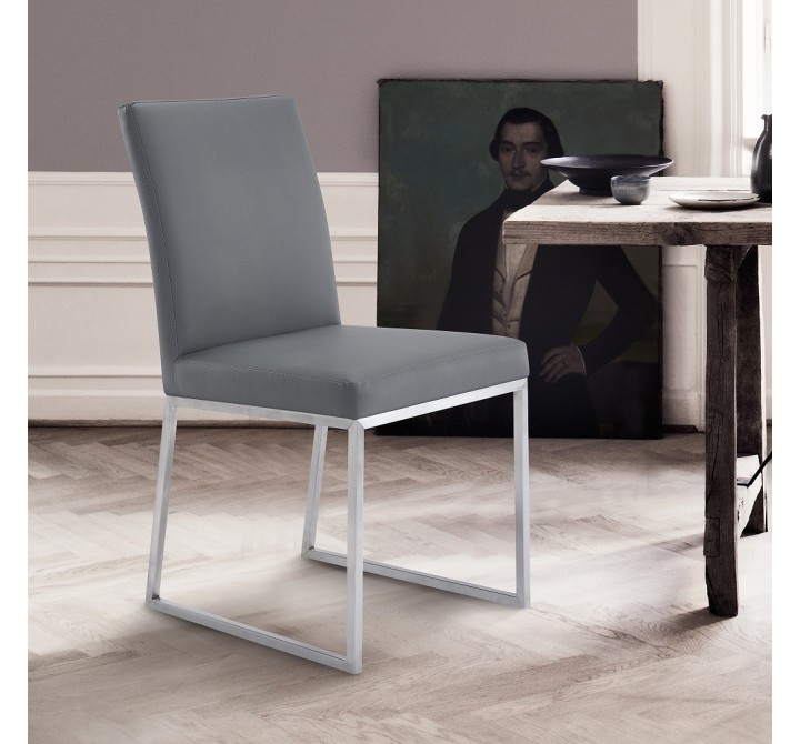 Trevor Contemporary Dining Chair in Brushed Stainless Steel and Grey Faux Leather - Set of 2
