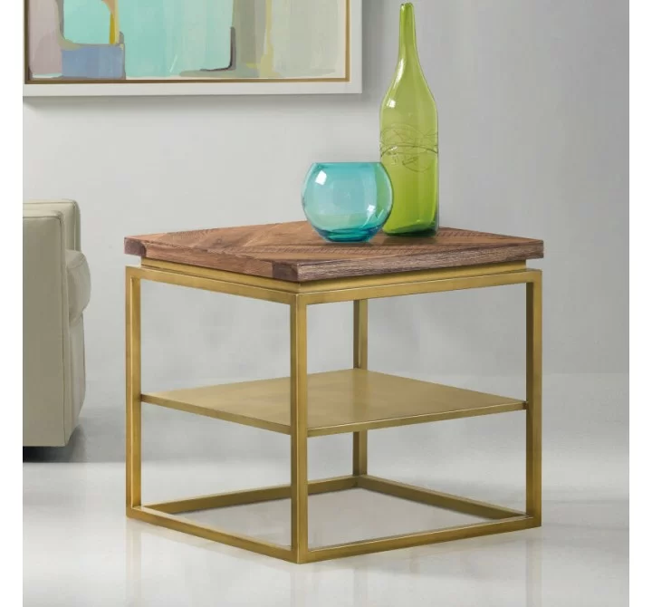 Armen Living Faye Rustic Brown Wood Side table with Shelf and Antique Brass Base