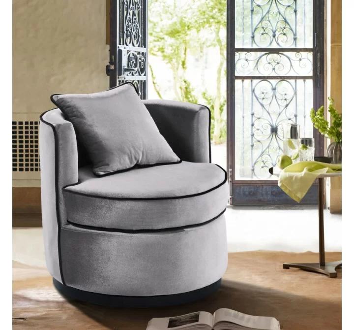 Armen Living Truly Contemporary Swivel Chair In Gray Velvet And Black Velvet Piping