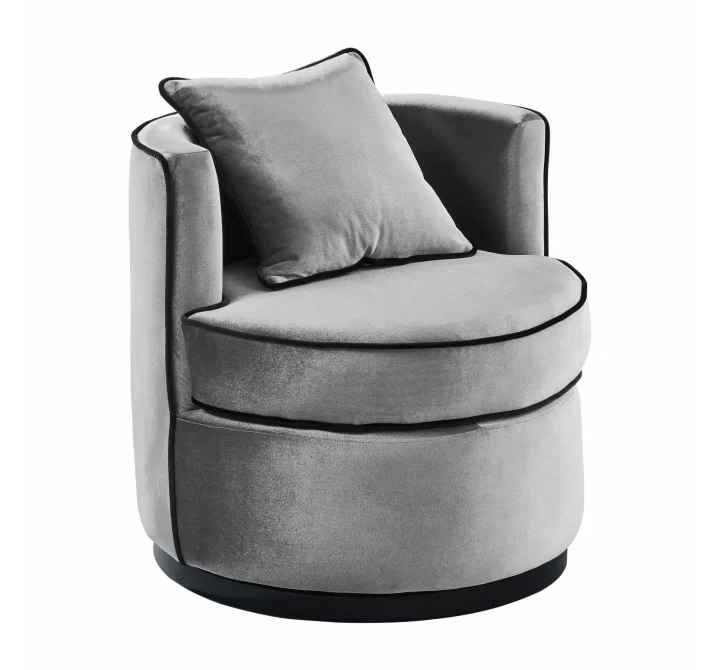 Truly Contemporary Swivel Chair in Grey Velvet and Black Velvet Piping - Angled
