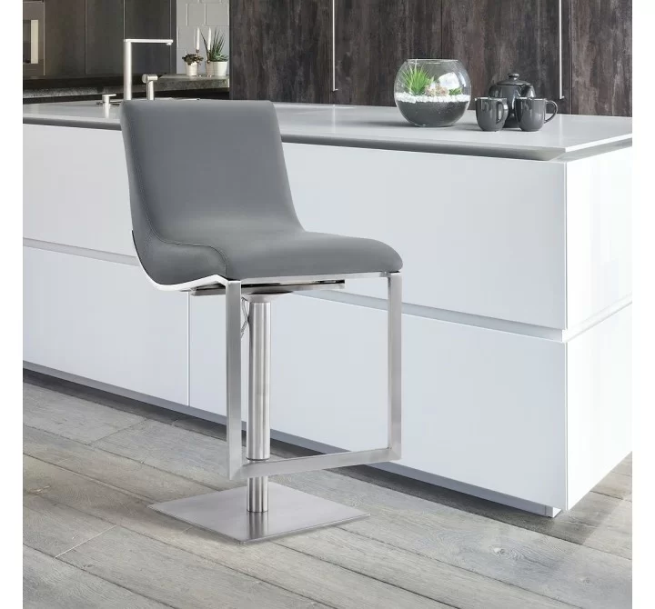 Victory Contemporary Swivel Barstool in Brushed Stainless Steel and Grey Faux Leather