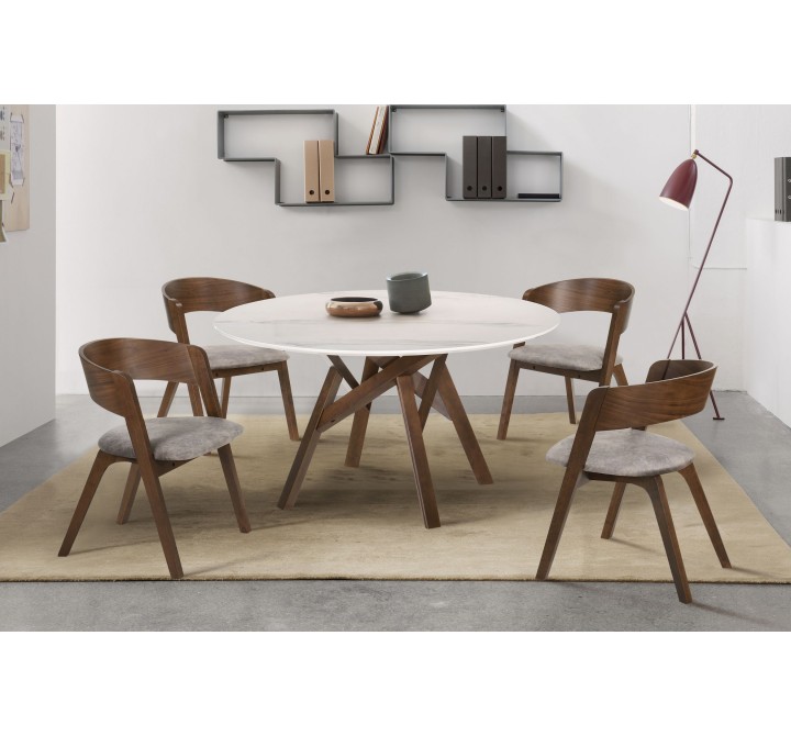 Venus 54" Round Mid-Century Modern White Marble Dining Table with Walnut Wood Legs