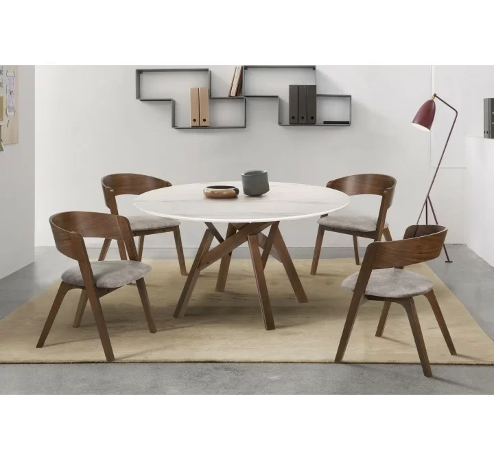 Venus 54" Round Mid-Century Modern White Marble Dining Table with Walnut Wood Legs