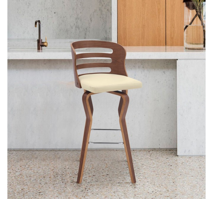Armen Living Verne Swivel Cream Faux Leather and Walnut Wood Bar Stool