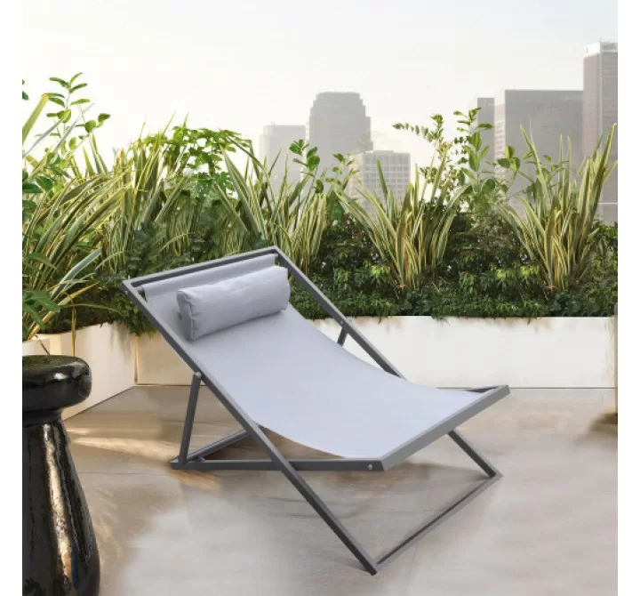 Armen Living Wave Outdoor Patio Aluminum Deck Chair in Grey Powder Coated Finish with Grey Sling Textilene