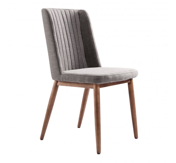 Wade Mid-Century Dining Chair in Walnut Finish and Gray Fabric - Angled