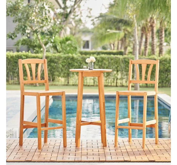 Vifah Kapalua Honey Nautical 3-piece Eucalyptus Wooden Outdoor Bar Set, Front Angle