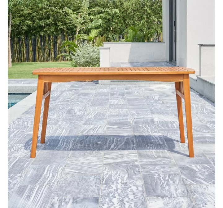 Vifah Kapalua Honey Eucalyptus Wooden Outdoor Dining Table with Umbrella Hole, Front Angle