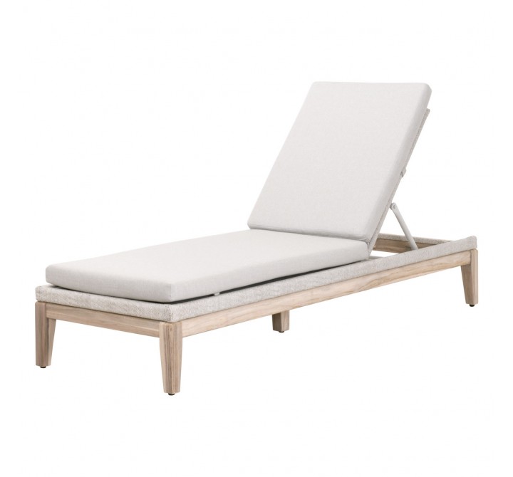 Essentials For Living Loom Outdoor Chaise Lounge - Taupe & White Flat Rope, Performance Pumice, Gray Teak - Reclined in Front Side Angle