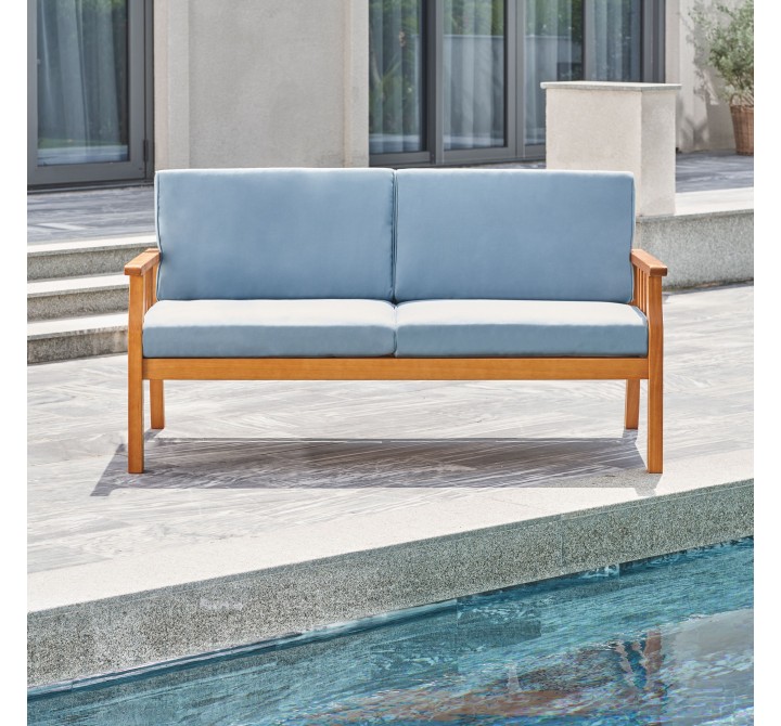 Vifah Kapalua Honey Nautical Eucalyptus Wooden Outdoor Sofa Bench with Cushion, Front Angle