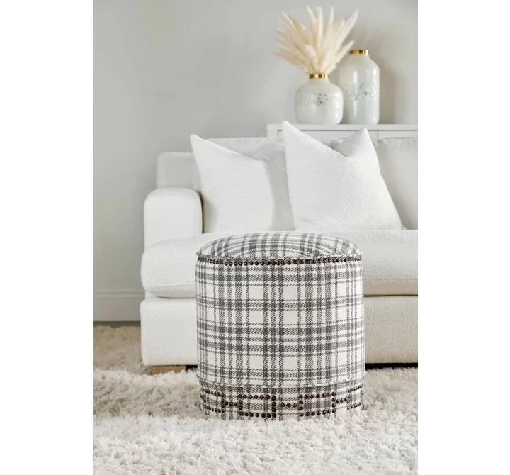 Essentials For Living Marlow Ottoman in Performance Tartan Charcoal - Lifestyle