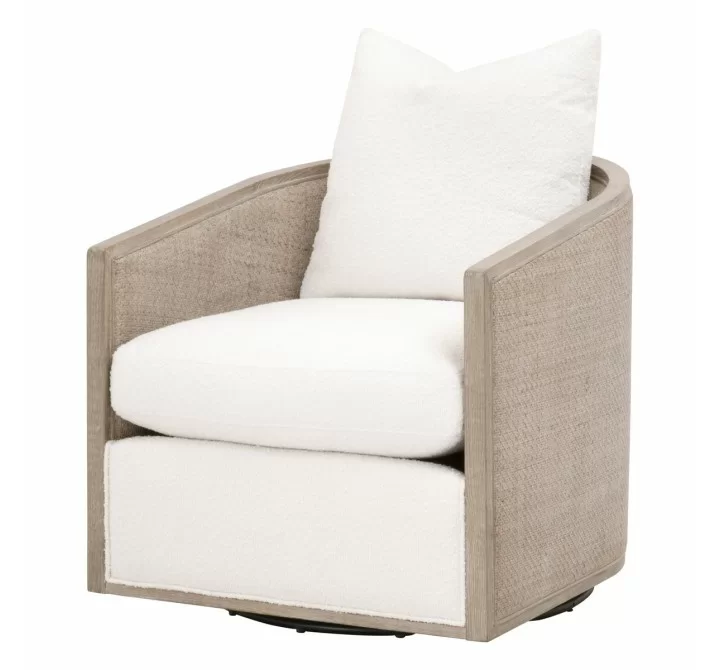 Essentials For Living McGuire Swivel Club Chair - Performance Boucle Snow, Natural Gray Oak & Cane - Front Side Angle