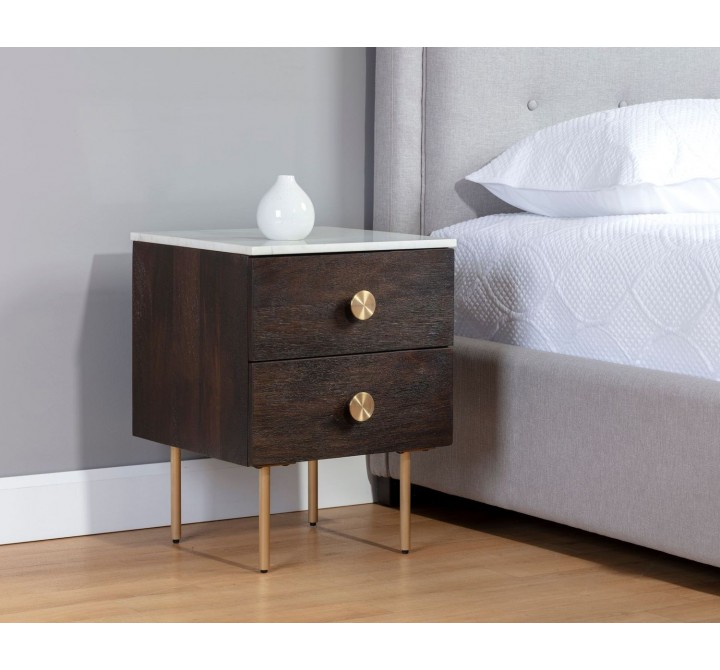Sunpan Keely Nightstand in White Marble-Dark Walnut - Lifestyle
