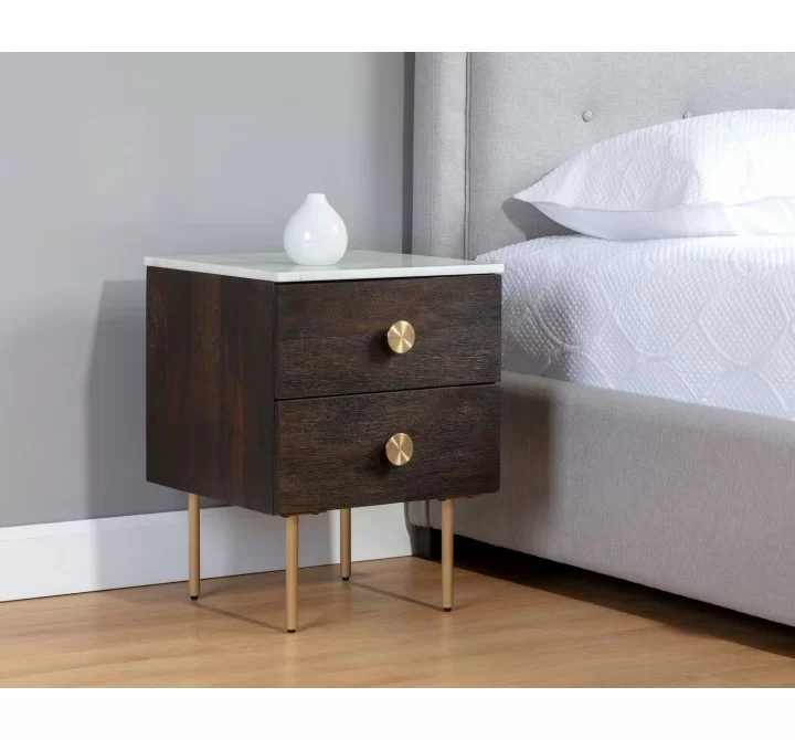 Sunpan Keely Nightstand in White Marble-Dark Walnut - Lifestyle