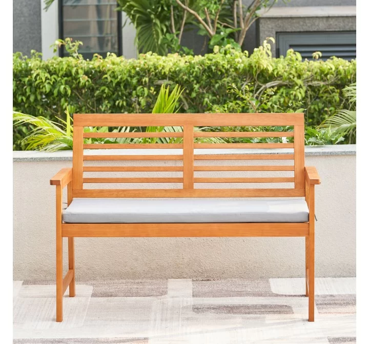 Vifah Waimea Honey Slatted Eucalyptus Wood Garden Bench with Cushion, Front Angle